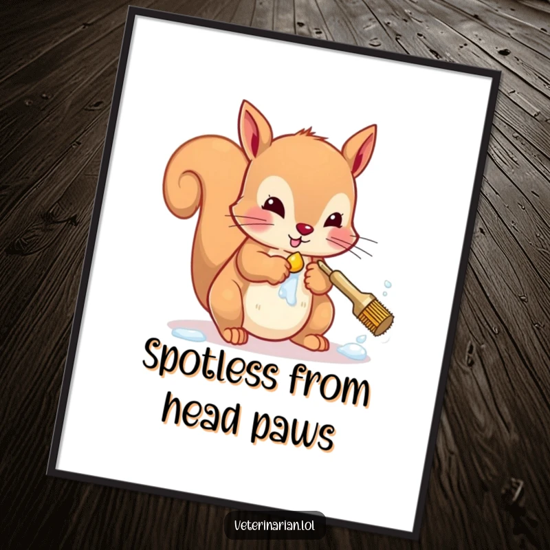 Funny squirrel poster showcasing a character meticulously scrubbing paws, a humorous piece of hygiene-themed wall art.