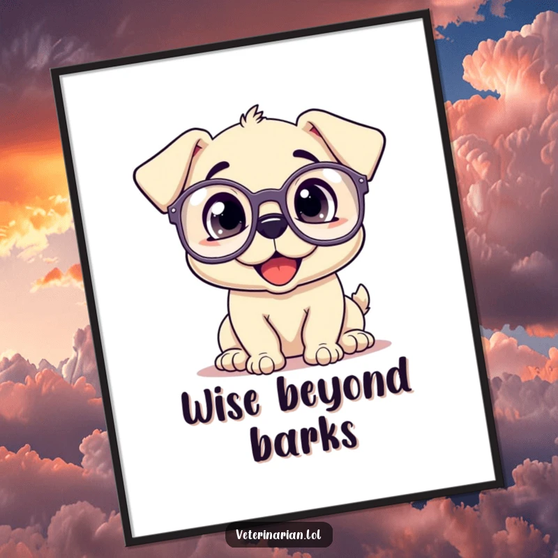 Funny poster showcasing a happy puppy wearing oversized prescription glasses, looking up with curiosity.