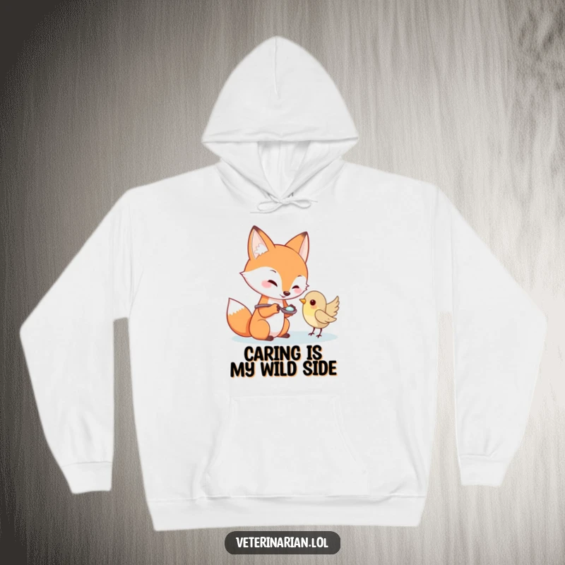 Funny fox character offering medicine to a tiny bird, cozy hoodie, perfect funny gift.