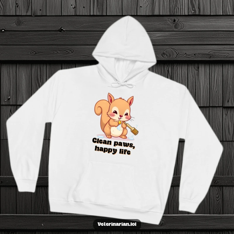 Funny squirrel hoodie depicting a character meticulously washing paws, the perfect cozy and hygienic apparel.