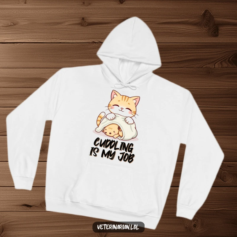 Funny smiling cat hoodie showing a cat placing a soft blanket on a resting creature with loving care.