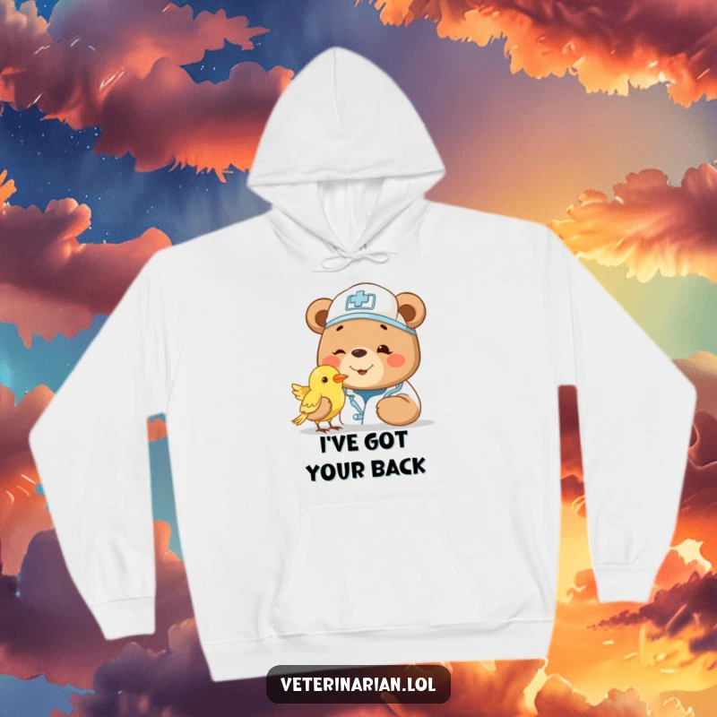 Funny bear vet hoodie, smiling bear doctor in a cap, gently examining a small bird with kind eyes. Warm and comforting.
