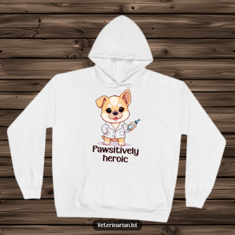 Funny brave dog vet hoodie featuring a dog in a white coat holding a syringe with a determined look.