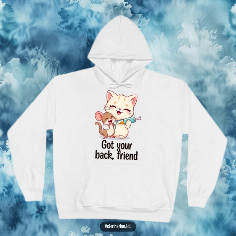 Funny cat vet hoodie, a giggling cat nurse winks, playfully using a large syringe on a brave, tiny mouse.