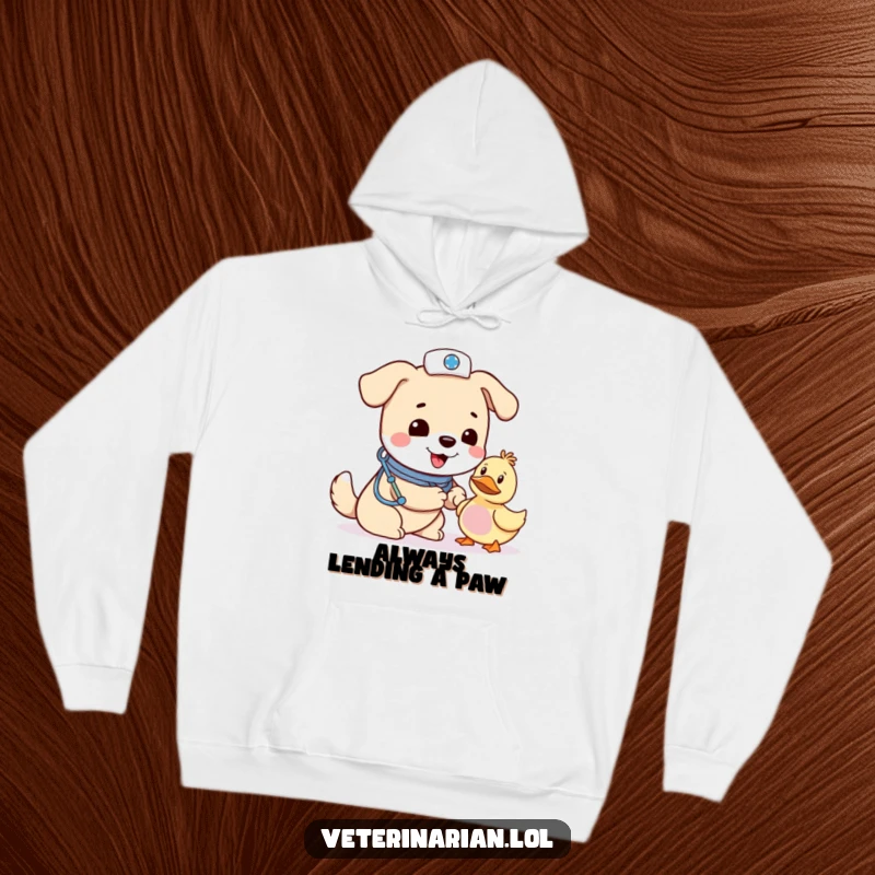 Funny dog vet hoodie, a cheerful dog nurse in a tiny hat bandages a toy duck with a look of gentle concern.