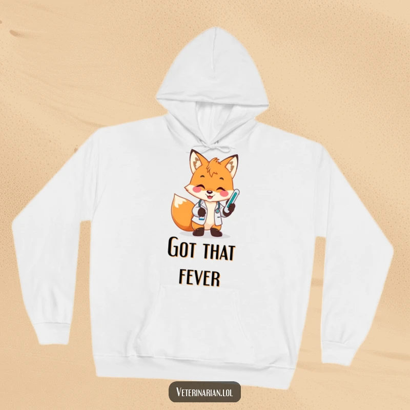 Funny fox vet hoodie, a playful fox with a bright smile examines a thermometer, ready to report the temperature.