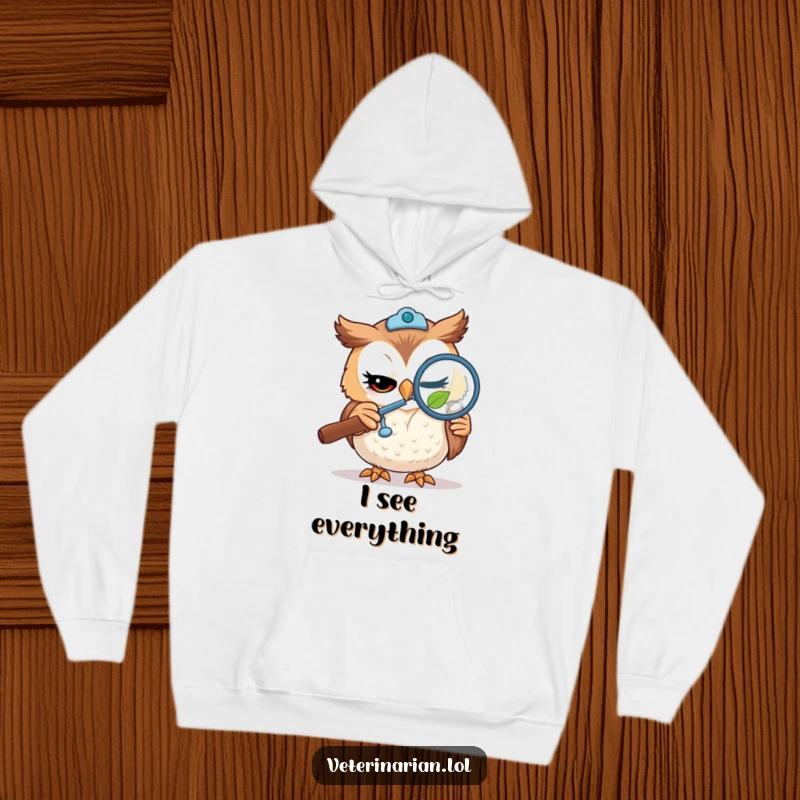 Funny hoodie with a winking owl vet closely examining a tiny leaf using a magnifying glass, symbolizing deep thought and amusement.