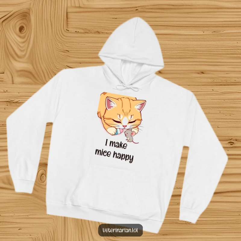 Funny Cat & Mouse Hoodie: A comforting hoodie showing a kind cat administering a pill to a small, happy mouse.
