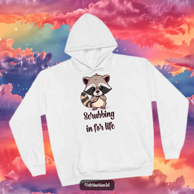 Funny raccoon doctor hoodie, a determined raccoon polishing a stethoscope with a focused gaze, comfortable and inspiring.