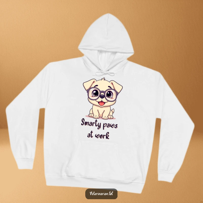 Funny hoodie depicting a happy puppy wearing oversized prescription glasses, gazing upwards inquisitively.
