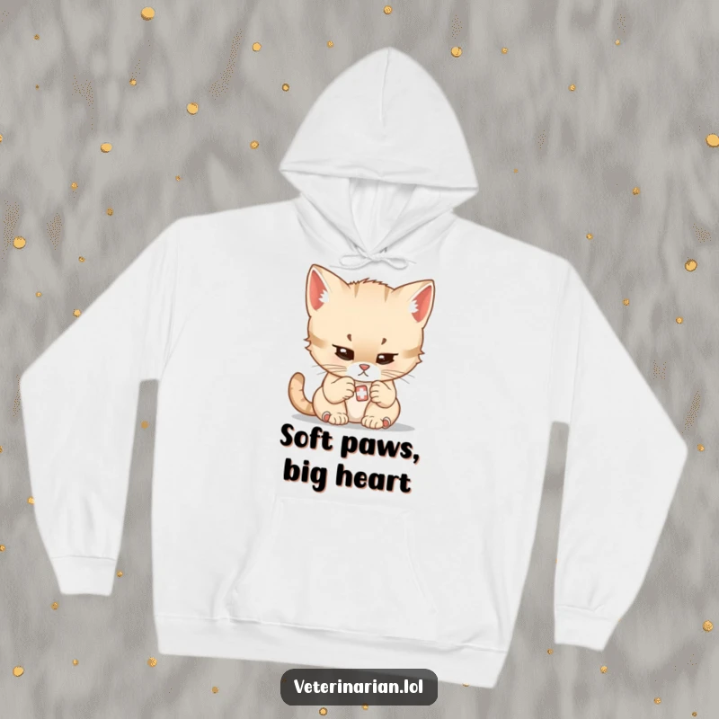 Funny hoodie with a determined cartoon kitten meticulously examining and tending to a tiny bandage with care.