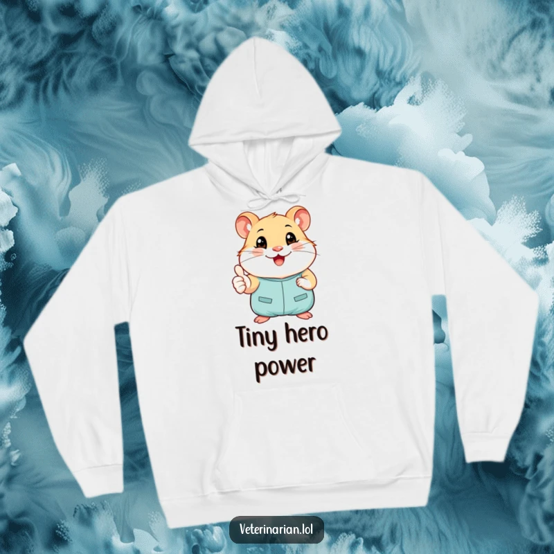 Funny hoodie featuring a smiling hamster in tiny scrubs giving a cheerful thumbs-up, offering warm and encouraging humor.