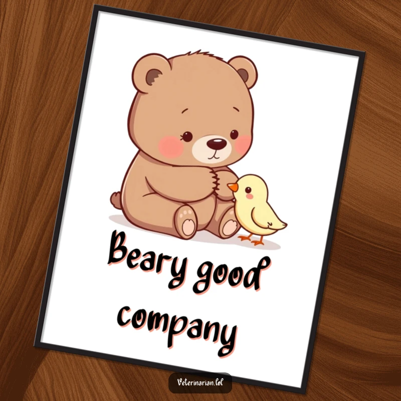 Free Printable Bear Wall Art: A gentle bear comfortingly pats a small bird, a downloadable piece of art.