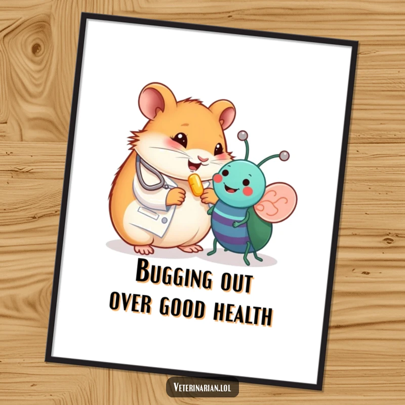 Funny Free Printable Wall Art: A happy hamster vet gleefully gives a vitamin pill to a cheerful toy bug.