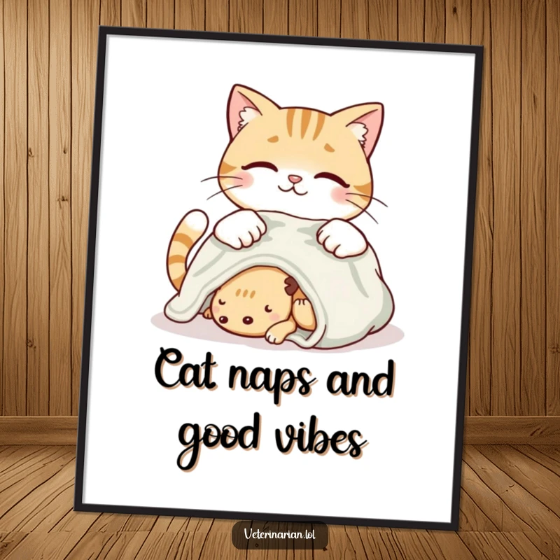 Funny free printable wall art depicting a smiling cat tenderly placing a soft blanket on a resting creature.