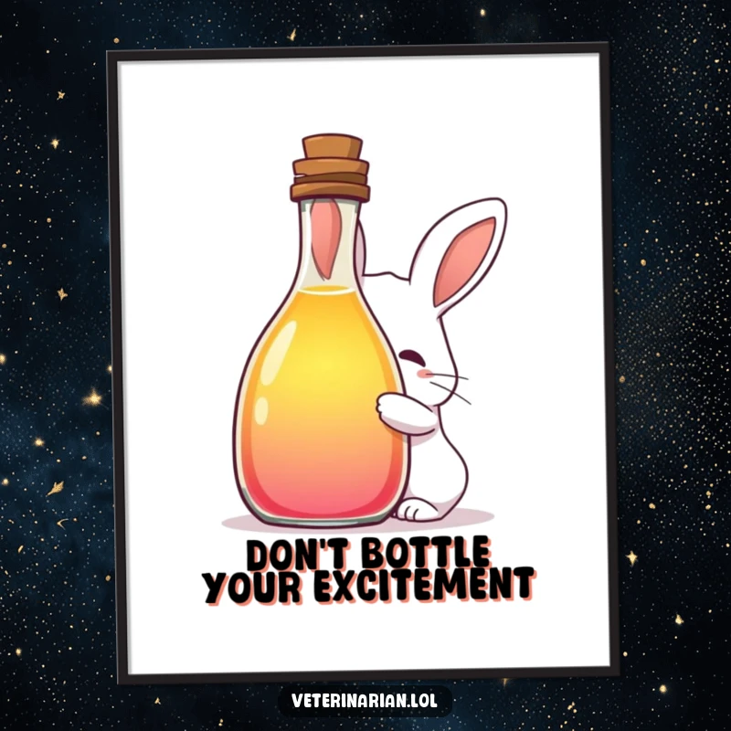 Funny Free Printable Wall Art: A shy rabbit curiously peeks from behind a large bottle of colorful liquid, creating a whimsical and intriguing scene.