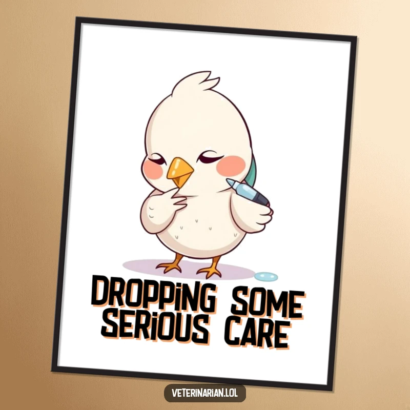 Funny Free Printable Wall Art: A diligent bird with focused attention carefully administers a tiny dropper, adding a touch of seriousness.