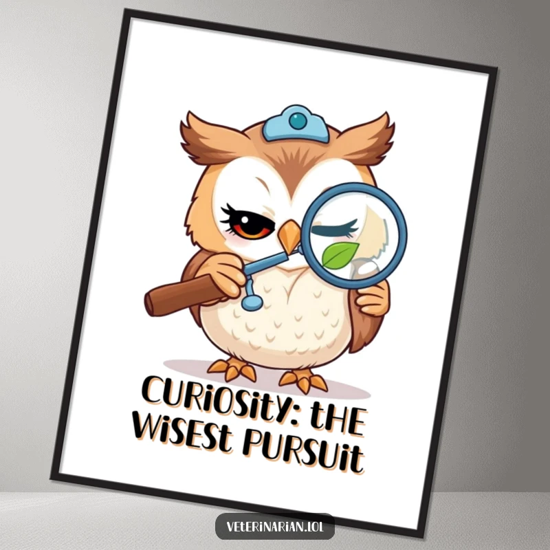 Funny Free Printable Wall Art: A winking owl vet peers intently at a tiny leaf through a magnifying glass.