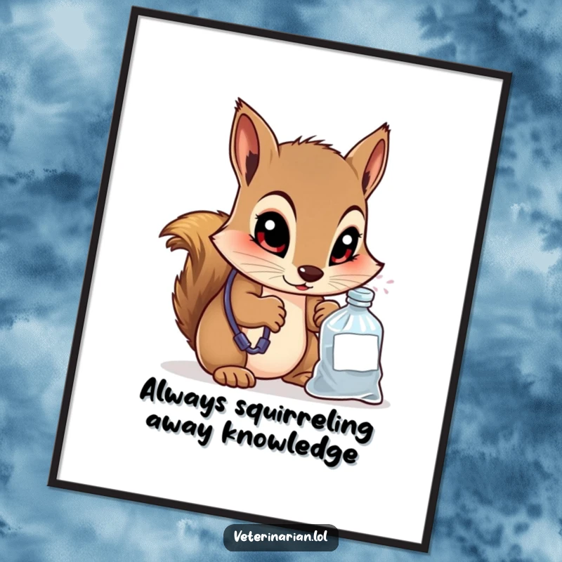 Funny Free Printable Wall Art: A curious squirrel vet peers intently into a small bag of medicine with wide, knowing eyes.