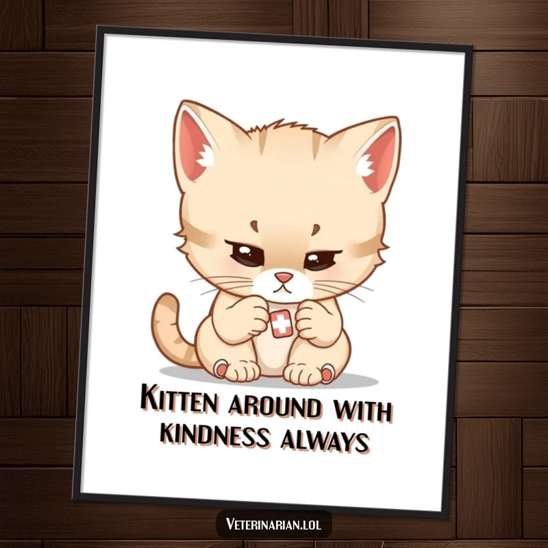 Funny Free Printable Wall Art: A focused kitten with gentle determination examines a very small bandage, adding charm to decor.