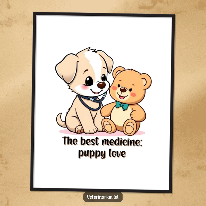 Funny Free Printable Wall Art of a cute puppy with a stethoscope giving a teddy bear a check-up.