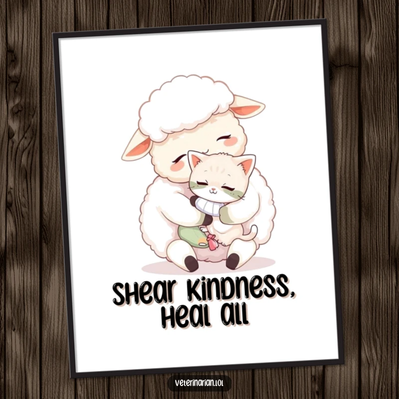 Free Printable Wall Art: A fluffy sheep cuddles a tiny, bandaged kitten with affection, adding a cozy and heartwarming touch to your decor.