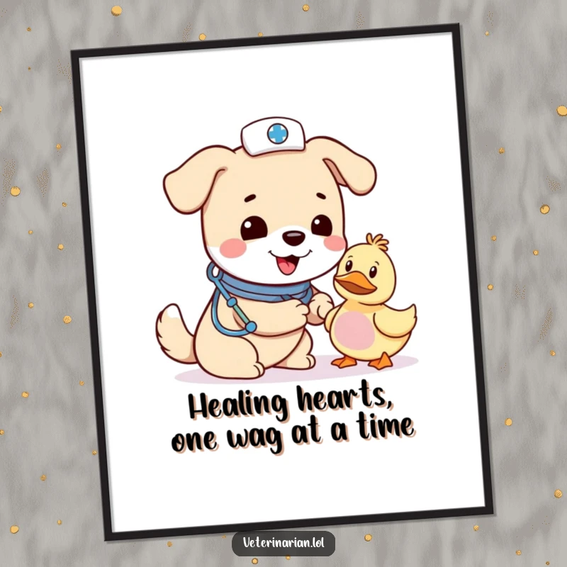 Funny Free Printable Wall Art: Cheerful dog vet wearing a hat gently bandages a toy duck with concern.