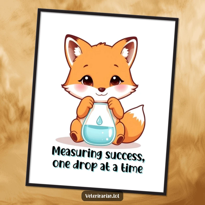 Funny Free Printable Wall Art: A playful fox wearing a lab coat, carefully measuring a tiny droplet into a beaker with a focused expression.