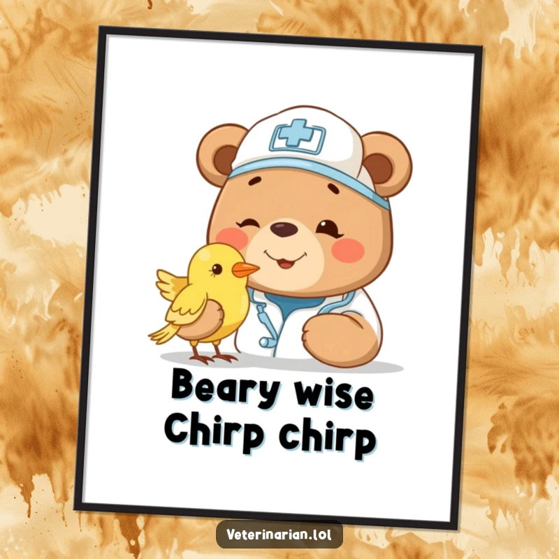 Funny Free Printable Bear Vet Wall Art: Smiling bear vet in a cap gently examines a small bird with utmost care and kindness.