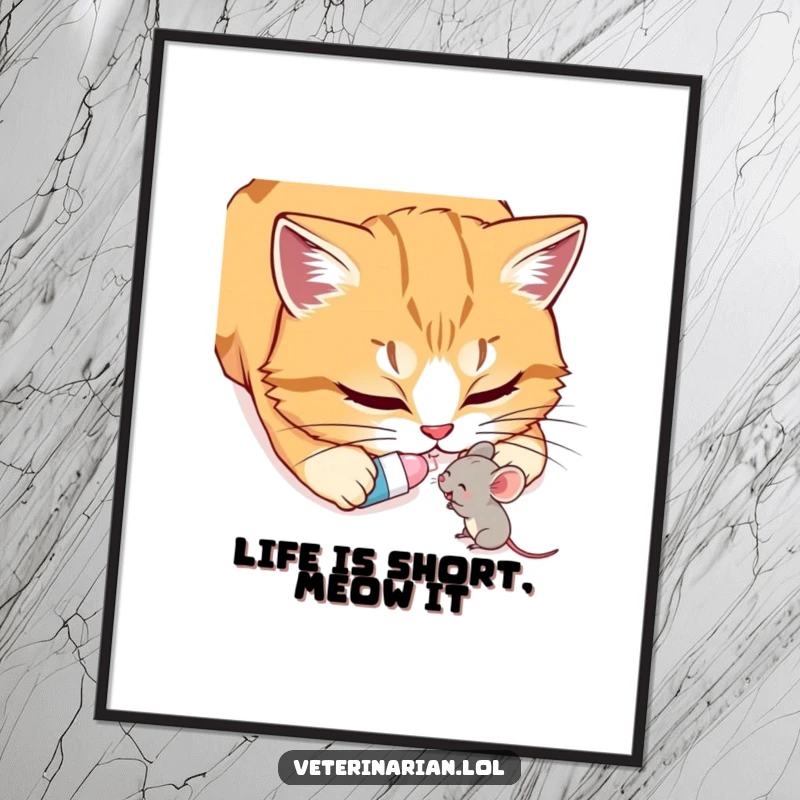 Funny Free Printable Wall Art featuring a cat gently giving a pill to a happy mouse, celebrating friendship.