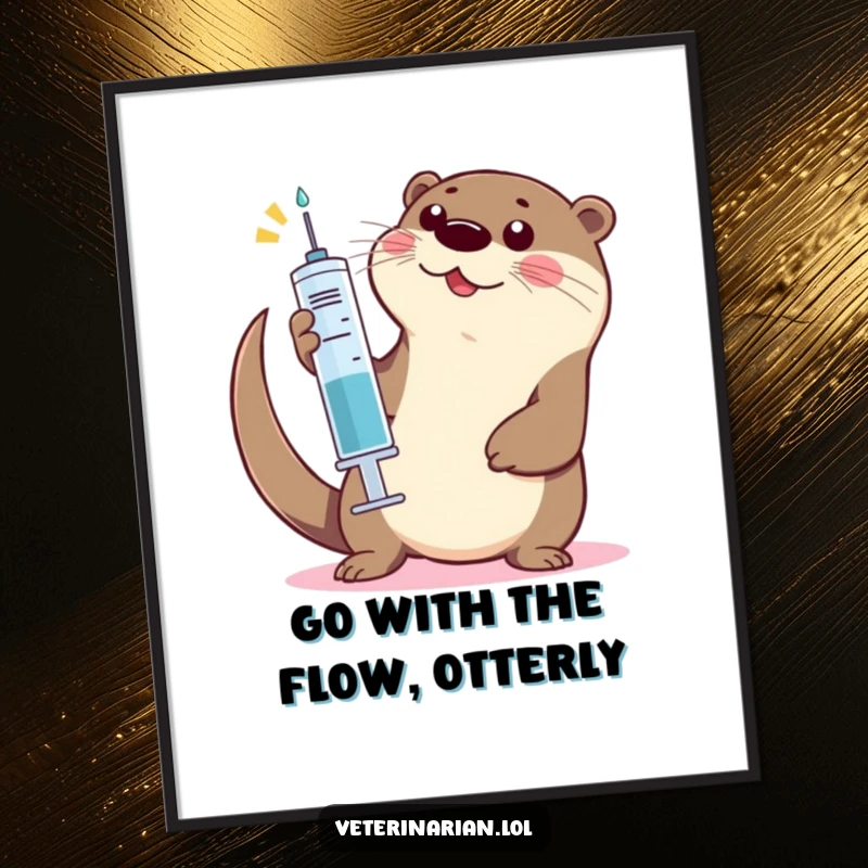 Funny Free Printable Wall Art of a playful otter giving a high-five with a syringe, full of enthusiasm.