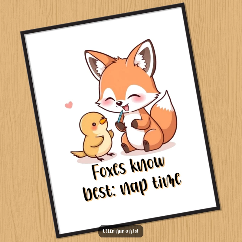 Funny Free Printable Wall Art: A giggling fox playfully pretends to give a small bird a shot with a needle.