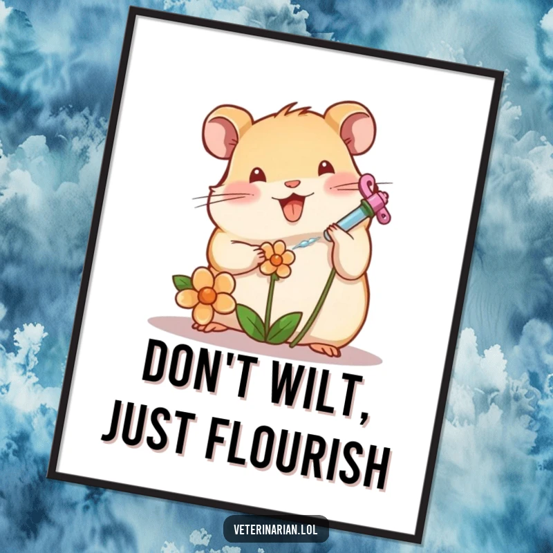 Free Printable Wall Art: A cheerful hamster character acting as a tiny doctor, tending to a wilting flower with a small syringe.