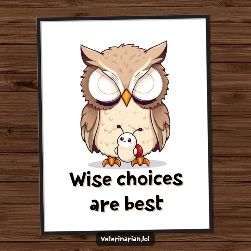 Free Printable Wall Art: A curious owl with large eyes gently and closely examining a tiny, happy bug with fascination.