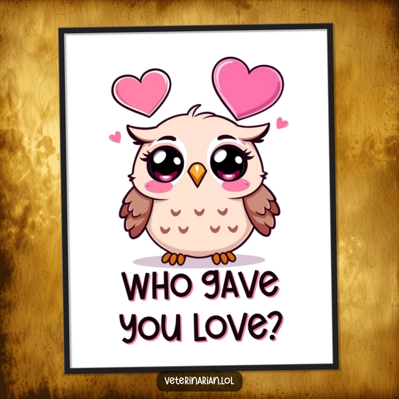 Funny Free Printable Wall Art featuring a surprised cartoon owl looking with wonder at a large, floating heart icon, creating a whimsical atmosphere.