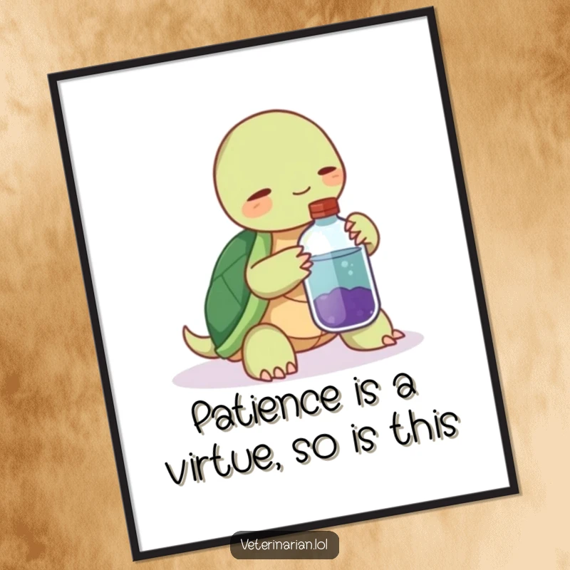 Funny Free Printable Wall Art: A calm turtle gently nudges a potion bottle, creating whimsical and humorous decor.