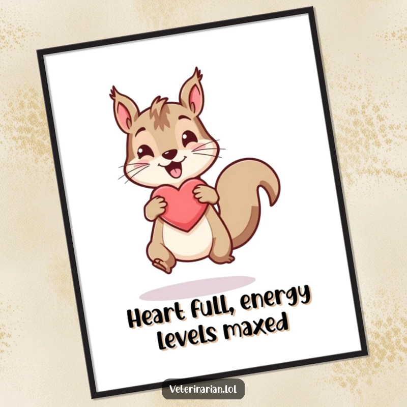 Funny Free Printable Wall Art: An energetic squirrel joyfully bounces a healthy heart icon, adding a playful touch.