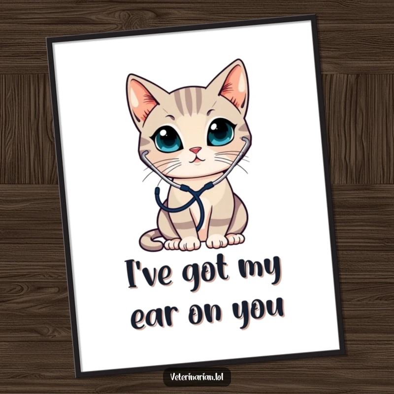 Funny Free Printable Wall Art: A sleek cat wearing a stethoscope attentively listens, embodying calm professionalism.