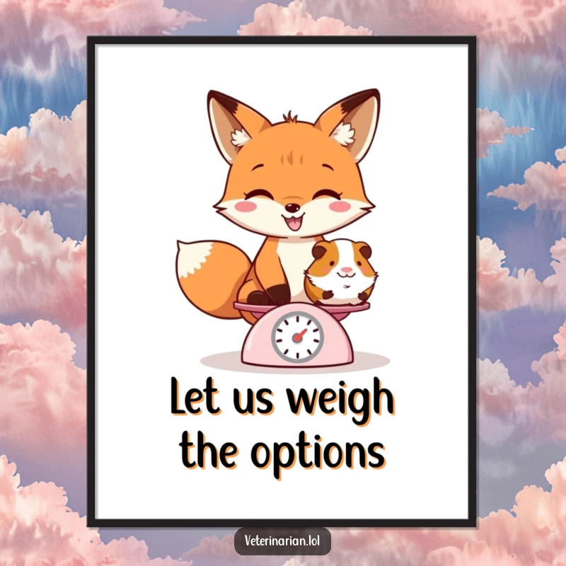 Funny Free Printable Fox Wall Art: A playful fox grins weighing a guinea pig, a downloadable piece of art.