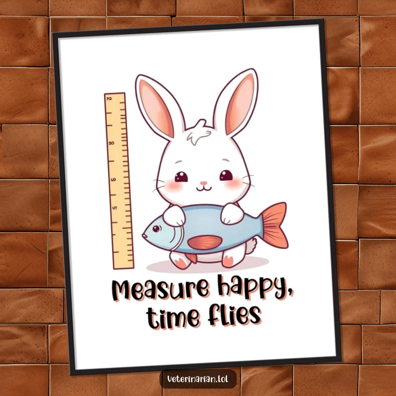 Funny Free Printable Rabbit Wall Art: A gentle rabbit using a ruler to measure a fish with precision.