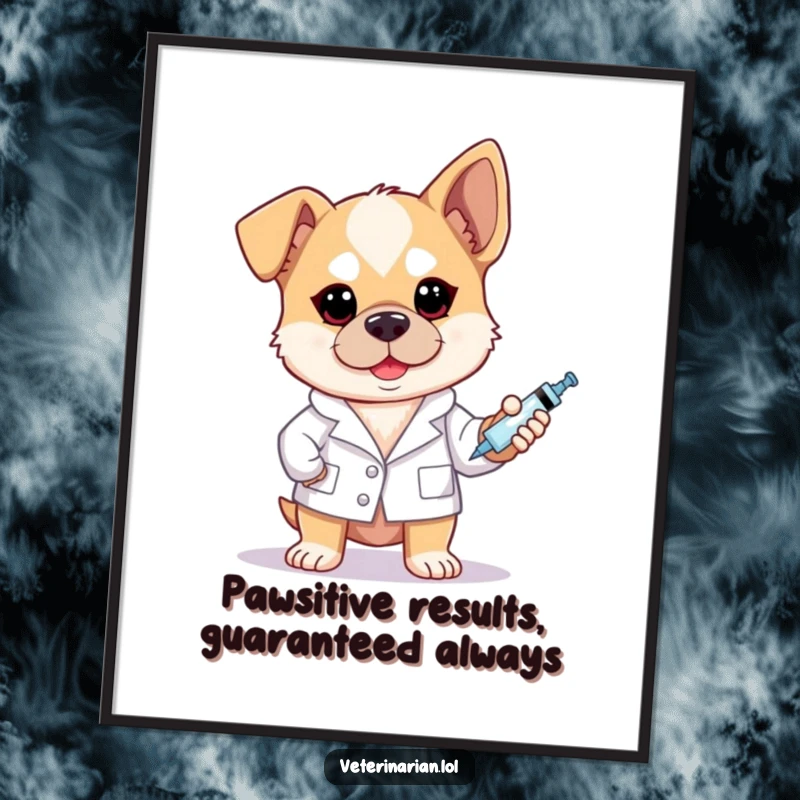 Funny free printable wall art depicting a determined dog in a doctor's coat holding a syringe with a brave face.