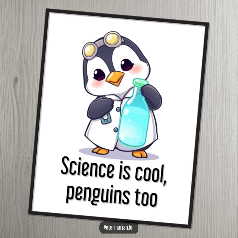 Funny Free Printable Wall Art: A playful penguin wearing a medical coat curiously pokes a glowing vial with a look of wonder.