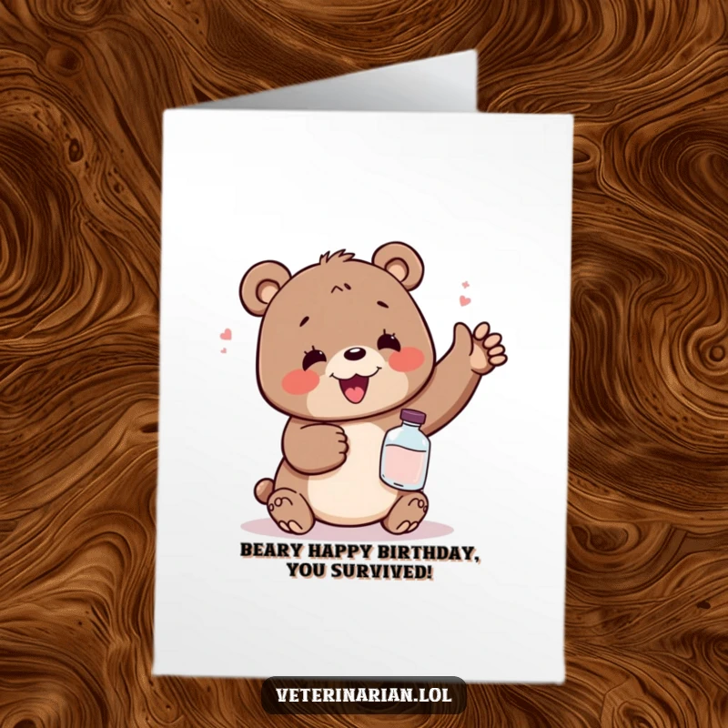 Funny Free Printable Birthday Card: Delighted bear relieved after sipping potion, perfect for a downloadable gift.