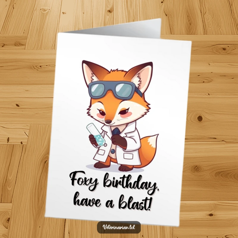 Funny Free Printable Birthday Card: Fox scientist in lab coat examining a sparkling test tube, a unique downloadable gift.