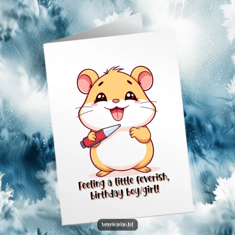 Funny Free Printable Birthday Card featuring a beaming cartoon hamster cheerfully holding a thermometer to its cheek, humorously illustrating minor ailments.