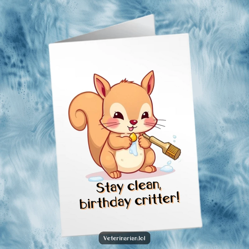 Funny Free Printable Birthday Card: Diligent squirrel meticulously scrubbing paws with tiny brush and soap, ready for a celebration.