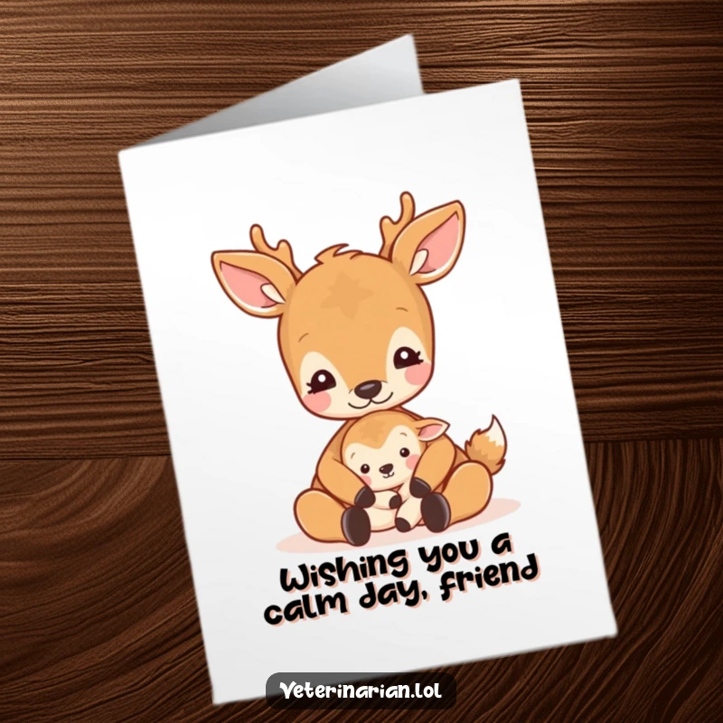 Funny free printable birthday card showing a serene deer tenderly cuddling a small animal with a loving pat.