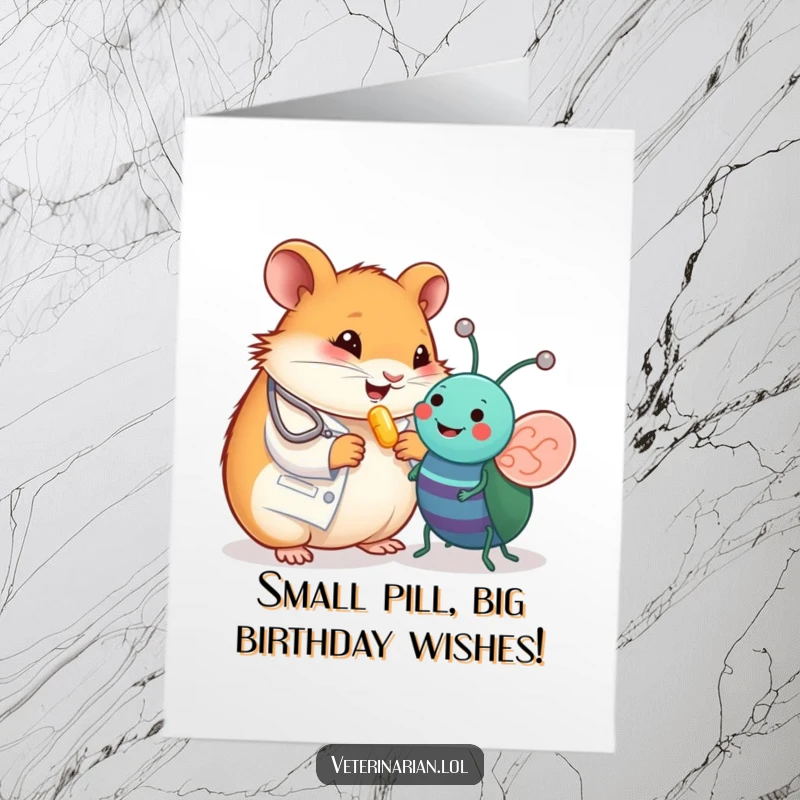 Funny Free Printable Birthday Card: Smiling hamster vet gives vitamin pill to cheerful toy bug, celebrating health and happiness.