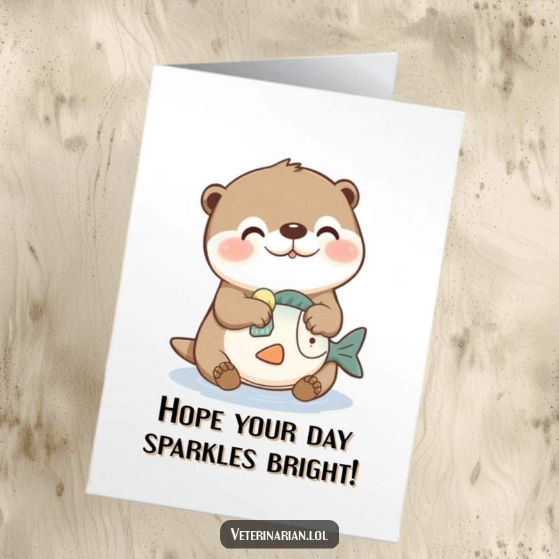 Funny Free Printable Birthday Card: An energetic otter happily scrubbing a toy fish with a tiny sponge, wishing you joy.