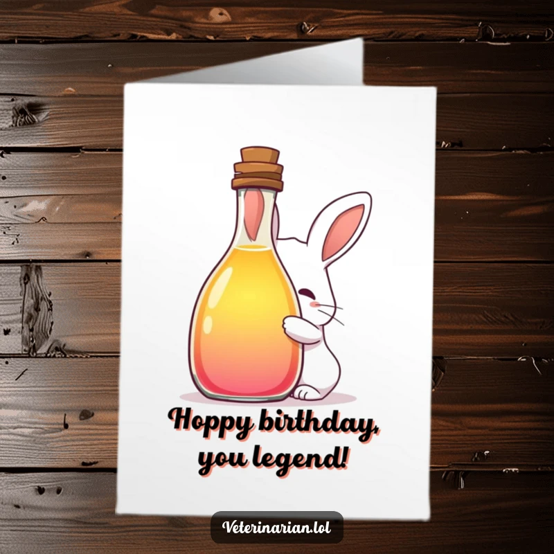 Funny Free Printable Birthday Card: A shy rabbit nervously peeks from behind a giant bottle of colorful liquid, adding a quirky surprise to the celebration.
